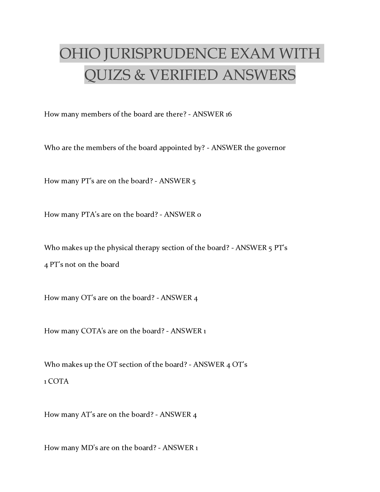 Preview of OHIO JURISPRUDENCE EXAM WITH QUIZS & VERIFIED ANSWERS